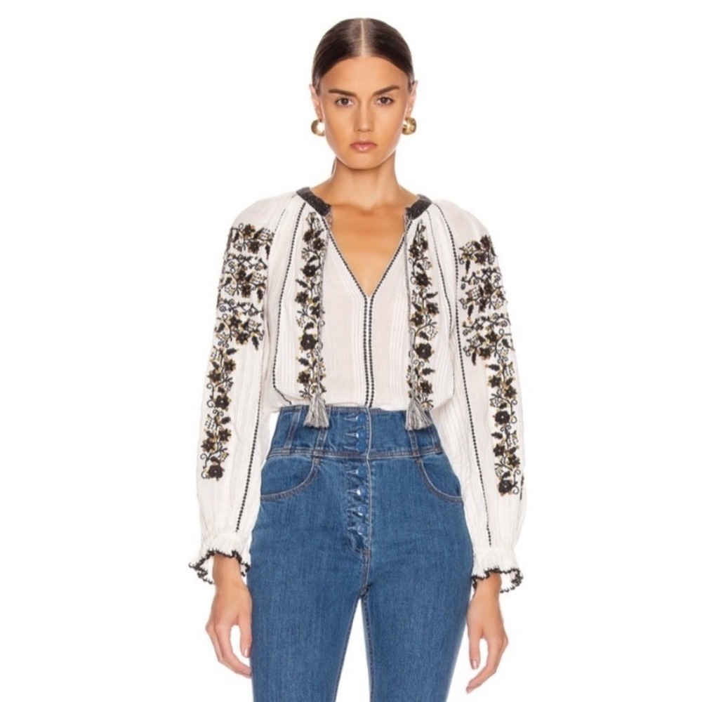 Ulla Johnson Rima Blouse Womens 2 Blanc White Black Embroidered Tassel Boho